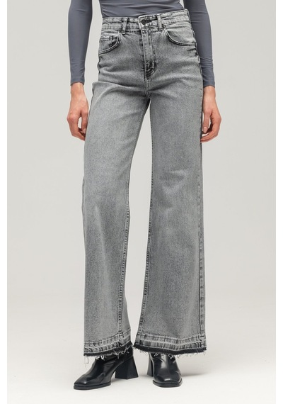 Sââde Kadın Yüksek Bel Wide Leg Jean Pantolon - Paça Detaylı Gri