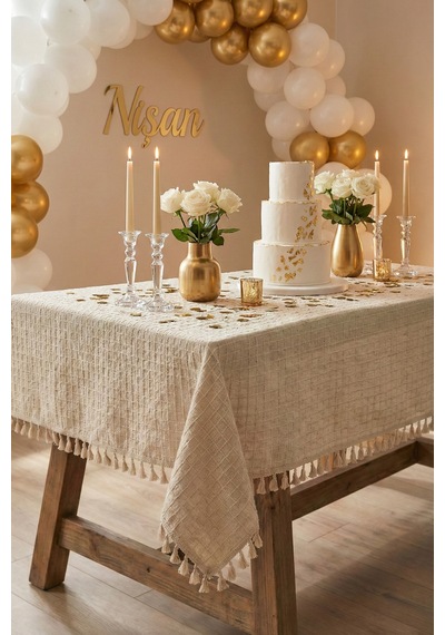 Organizasyon Monika Püsküllü Masa Örtüsü - Baby Shower, Doğum Günü, Nişan Bohem Vintage Buldan Örtü Bej