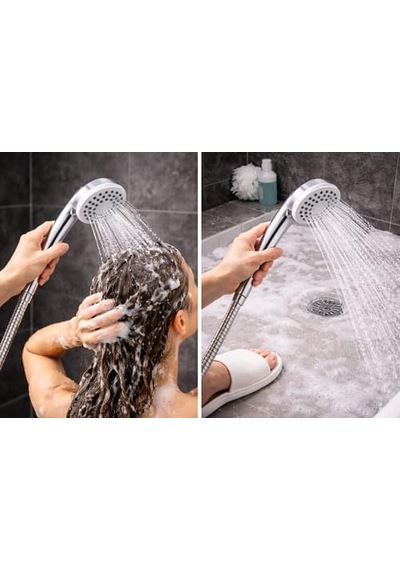 Duş Başlığı Seti 150 Cm Hortumlu, 7.5 Cm Başlık Çapı, 21 Cm Krom Saplı El Duşu, Esnek Plastik Hortum, Paslanmaz Çelik Bağlantı, Basınç Artırıcı Duş Başlığı