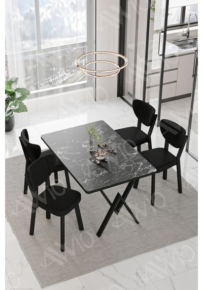 Avvio Vanensi Elma Sandalye 80x120 Yemek Masası Mutfak Masası 4 Kişilik Masa Sandalye Takım Siyah Mermer