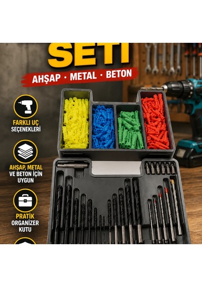 24 Parça Matkap Ucu Seti Organizer Kutulu Ahşap Metal Beton Delme Seti 32006037