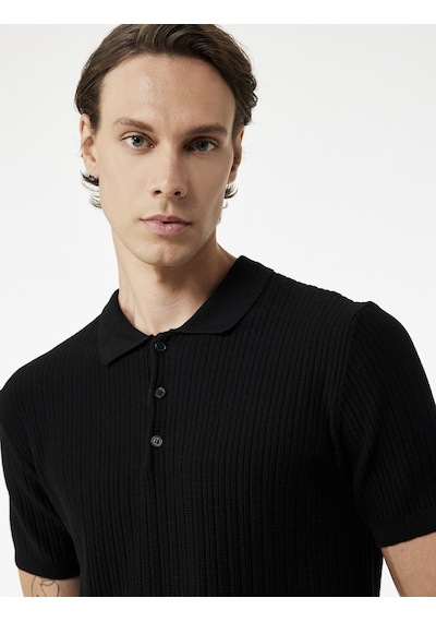 Koton Regular Fit Kısa Kollu Pamuklu Dokulu Düğmeli Polo Yaka Triko Tişört Siyah 7wam70044ht