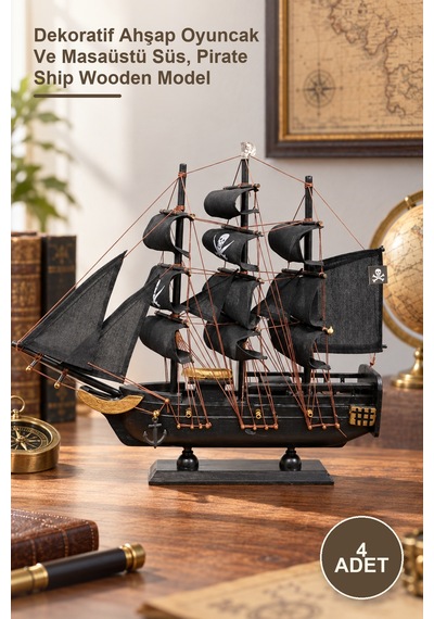 4 Adet Ahşap Korsan Gemisi Dekoratif Ahşap Oyuncak Ve Masaüstü Süs, Pirate Ship Wooden Model