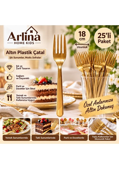25li 18 Cm Altın Plastik Çatal