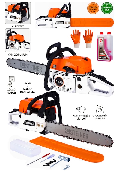 Steiner 2.1 Kw Turbo-5200 Profesyonel 2.8 Hp Çift Egzoz 52cc Ağaç Odun Dal Kesme Benzinli Testere Hızar Makinesi 50cm