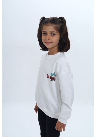 Toontoy Kız Çocuk Arka Kol Baskılı Çiçekli Sweatshirt Ekru