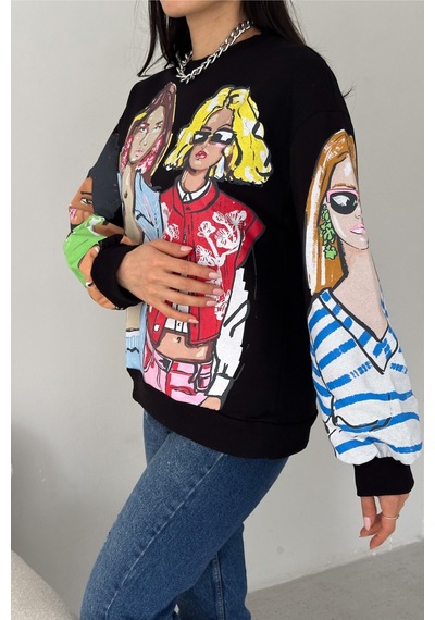 Femelle Kadın Siyah 3 İplik Şardonlu Baskılı Oversize Pamuk Sweatshirt