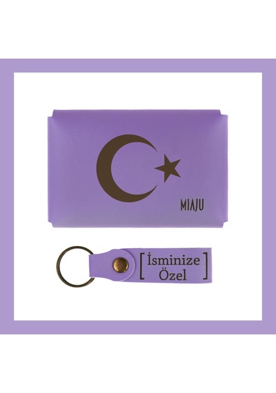 Miaju Mor Menekşe, Hilal Ve Yıldız Motifli İsme Özel Cüzdan Ve Anahtarlık Set, Gururunu Üzerinde Taşı Mor Menekşe Mor