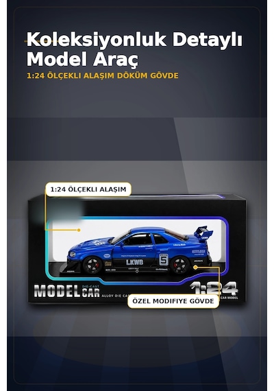 Detaylı 1/24 Ölçek R34 Modifiye Spor Model Araç - Tek Renk Seçimli, Koleksiyonluk Oyunca Bx-313408