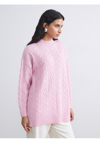 Lcw Modest Pembe Dik Yaka Kendinden Desenli Kadın Triko Tunik