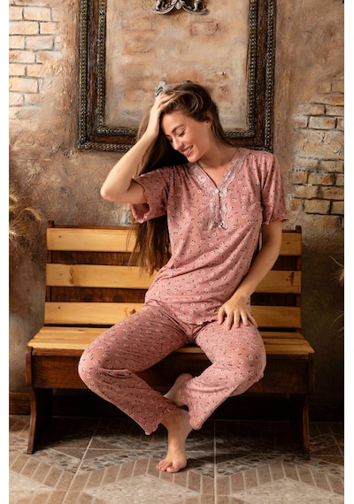 Lukitus Bambu Pamuk V Yaka Kısa Kol Kadın Pijama Takımı Pudra