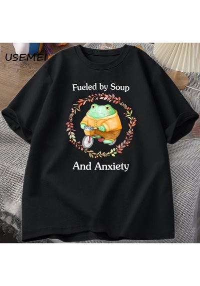 Flood Of Style Komik Kurbağa Grafik T-shirt Çorba Ve Anksiyete T Shirt Erkek Kadın Rahat Zihinsel Tshirt Mod Siyah