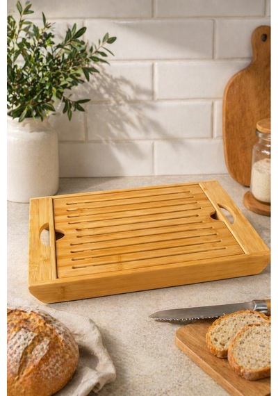 Bambu Ekmek Kesme Tahtası Kırıntı Toplayıcılı Tepsili Doğal Ahşap Kesim Ve Sunum Seti 34x22 Cm Açık Bej