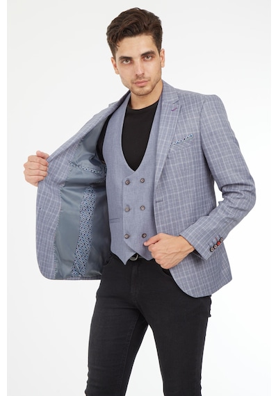 Sposo 5140 Yelekli Dar Kalıp Gri Ekose Erkek Blazer Ceket Gri