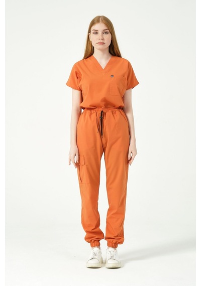 Somon Likralı Scrubs Kargo Cep Jogger Paça Doktor Hemşire Forması Yarasa Kol Takım Unisex