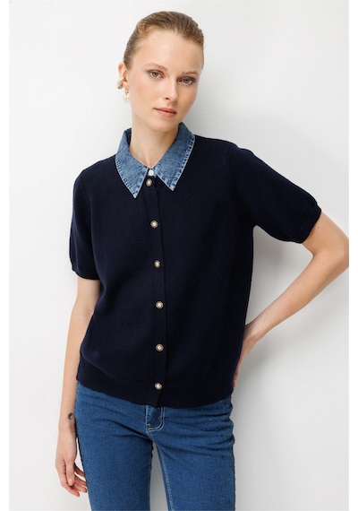 On Kadın Denim Detaylı Kısa Kollu Triko Hırka 10509 Lacivert