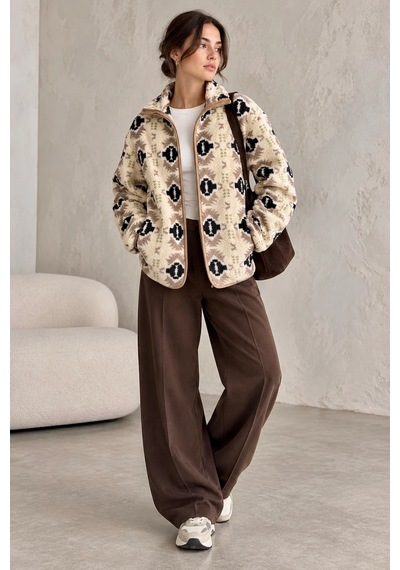Bbbutikbasic Dik Yaka Yarım Fermuarlı Desenli Polar Sweatshirt My3535 Etnik