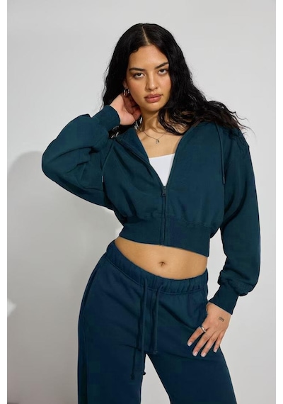 Lacivert Crop Kapşonlu Fermuarlı Kadın Sweatshirt Mg2608 Lacivert
