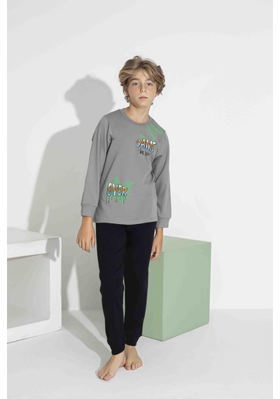 Aykıds Erkek Çocuk Baskılı Uzun Kollu Pijama Takımı Mevsimlik 74111-y Gri