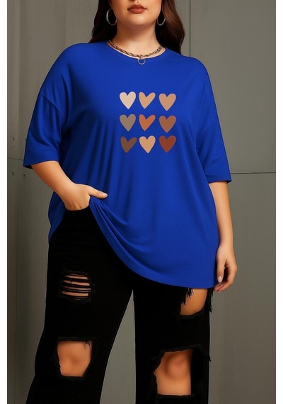 Benroma Büyük Beden Sıralı Kalpler Baskılı Unisex Tişört Çok Renkli