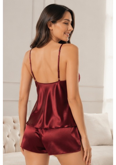 Loule Kadın Bordo İnce Askılı Dantelli Şortlu Saten Pijama