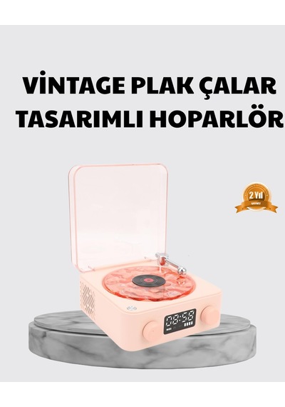 3-ü-1 Gece Işığı Bluetooth Hoparlör Ve Dijital Saat Vintage Plak Çalar Tasarımlı - Lisinya Pembe