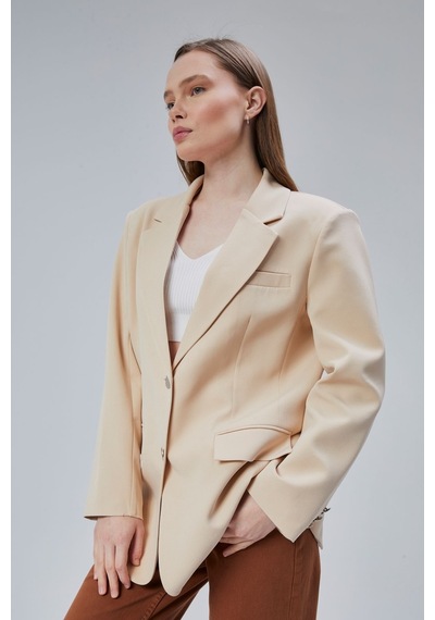 Kadın Oversize Düz Kesim Astarlı Dokuma Blazer Ceket Vizon