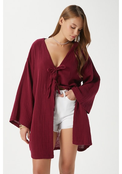 Ritnice Kadın Sandra %100 Pamuk Müslin Bağcıklı Bordo Kimono Bordo