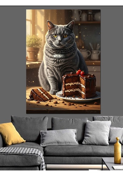 Ahşap Tablo Pasta Yiyen Gri Kedi