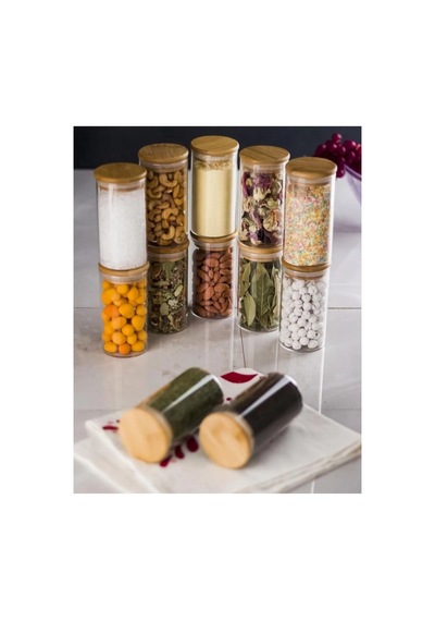 12'li 250ml Bambu Vakumlu Kapaklı Baharatlık Seti Baharatlık Kavanoz Takımı-11cmx6cm Diğer