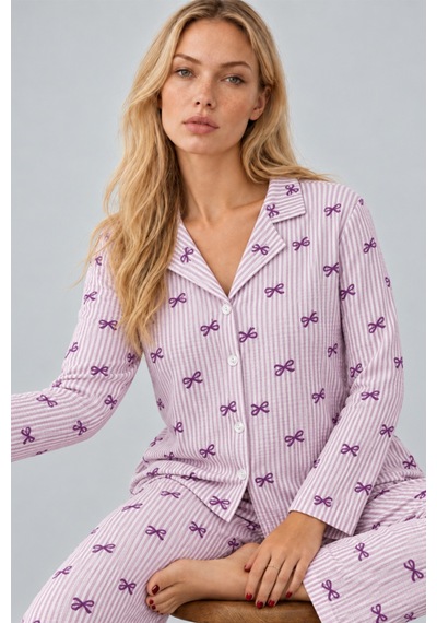 Kadın Gömlek Yaka Desenli İkili Mor Pijama Takımı 4810
