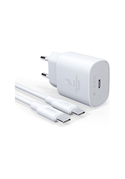 Samsung Uyumlu Qc3.0 Pd 25w Hızlı Şarj Aleti Type-c To Type-c Kablo Set Beyaz Yerli Üretim