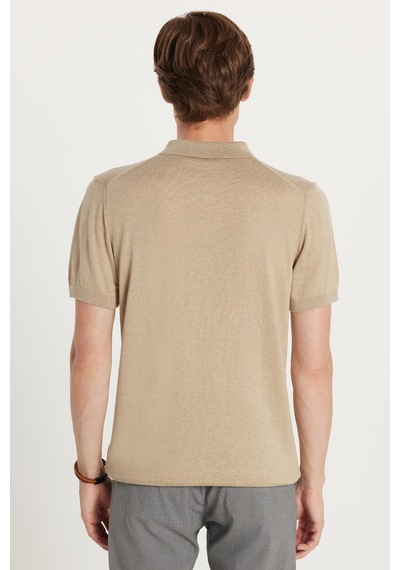 Tudors Erkek Slim Fit Dar Kesim Pamuklu Örme Triko Fermuarlı Vizon Polo Yaka Tişört-35602 Vizon