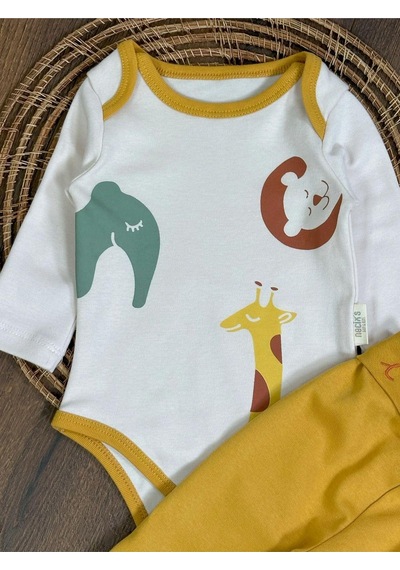 Tiwitibaby Safari Baskılı Çoraplı Alttan Çıtçıtlı Erkek Bebek Takım-zıbın Takım Sari