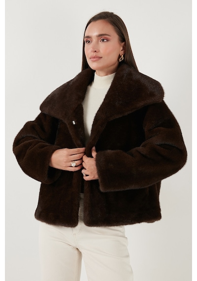 Lela Oversize Fit Geniş Yaka Astarlı Bayan Kürk 497Afra Kahve