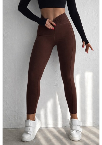 Balenbi Haute Kadın Yüksek Bel Toparlayıcı Çift Cepli Leggings Fitness Tayt 1092 Kahverengi