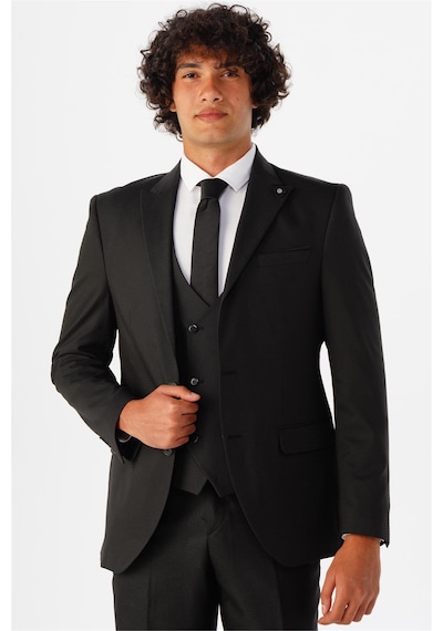 Süvari Siyah Slim Fit Armürlü Sivri Yaka 6 Drop Yelekli Klasik Takım Elbise Süvari Siyah Slim Fit Armürlü Sivri Yaka 6 Drop Yelekli Klasik Takım Elbise