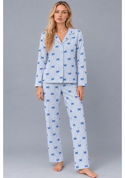 Kadın Gömlek Yaka Desenli Mavi Pijama Takımı 4816
