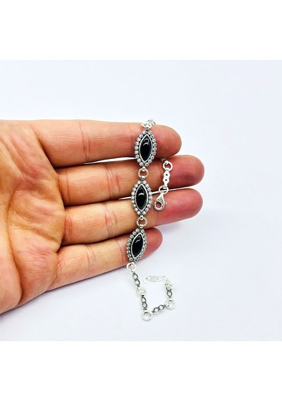 Zirkon Mekik Model Oltu Taşı Ve 925 Ayar Gümüş Bileklik Gümüş  - Siyah