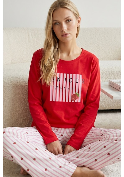 Siyah İnci Pamuklu Likralı Örme Pijama Takım 26240312 Kırmızı