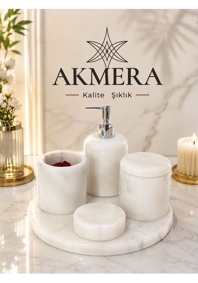 Akmera Elite 5 Parça %100 Gerçek Mermer Banyo Seti Altın - Beyaz