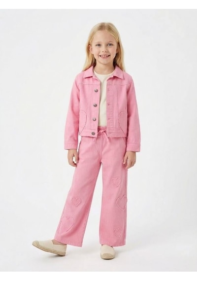 Zekids Kız Çocuk Kalp Detaylı Üçlü Takım Ceket + Bluz + Pantolon -17174 Pembe