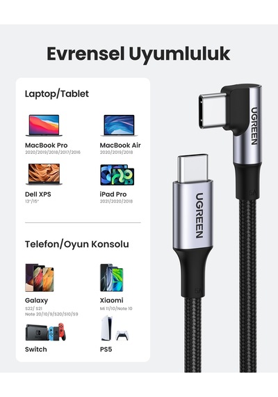 Ugreen Usb-c 100w 5a Qc Pd 90 Derece Örgülü Hızlı Şarj Kablosu, 2 Metre, Siyah, 70645 -