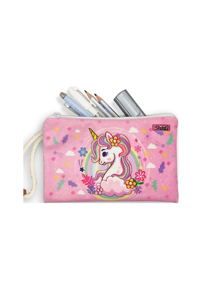 Bahar Unicorn Çiçekli Desenli Kalem Kutusu Yıkanabilir Bez Kalemlik Pembe