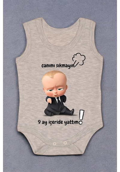 Bebetospik %100 Pamuk 9 Ay İçeride Yattım Baskılı Zıbın & Body Gri