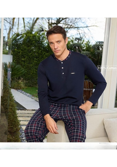 Pijamoni Erkek Standart Kalıp Pamuklu Düğme Yaka Uzun Kol Baharlık Pijama Takımı 6300/8l - 1 Adet Lacivert