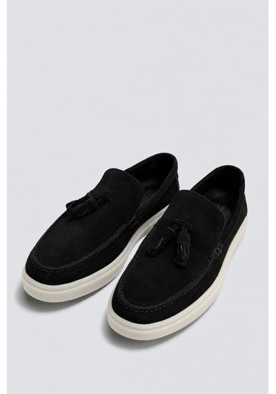 Püsküllü %100 Süet Loafer Siyah