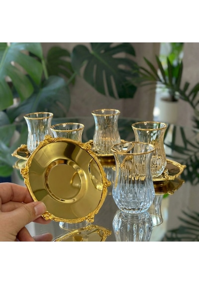 12 Parça 6 Kişilik Kristal Kesim Çay Takımı Cam Çay Bardağı Ve Tabak Seti Eco Gold