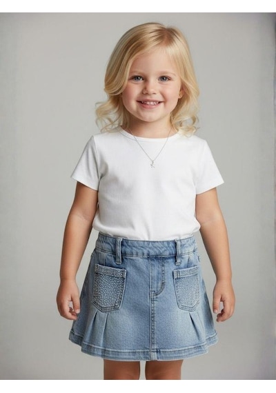 Zekids Kız Bebek Taşlı Cepli Pileli Jean Etek-16879 Mavi