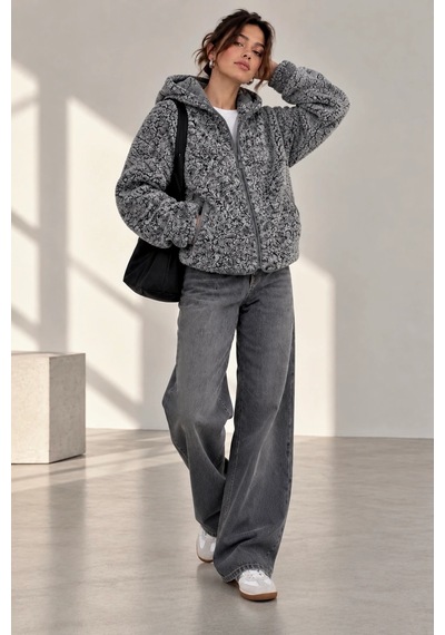 Bb Butik Basic Kadın Kapüşonlu Fermuarlı Peluş Ceket Oversize Rahat Kesim My3535 Antrasit